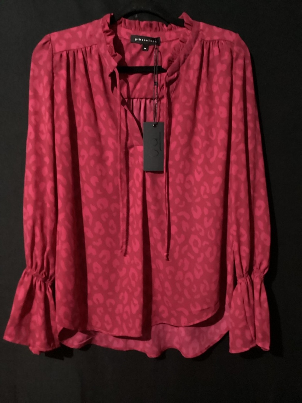 Gibson Fuchsia Red Animal-Print Long-Sleeve Ruffle Tie Blouse